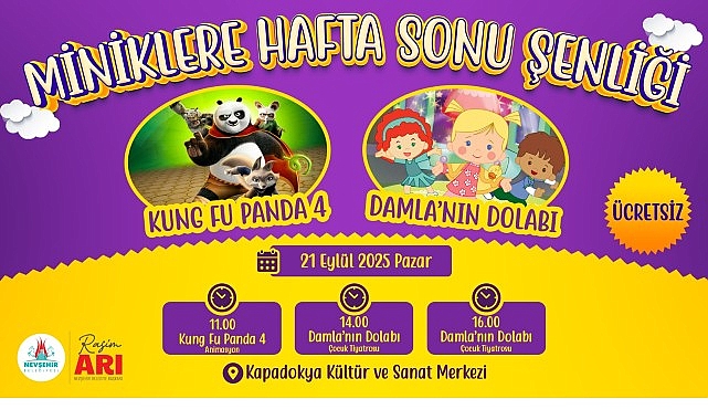 Nevşehir’de Çocuklar İçin Ücretsiz Tiyatro ve Animasyon Gösterimleri: Damla’nın Dolabı ve Ters Yüz 2 ile Kung Fu Panda 4