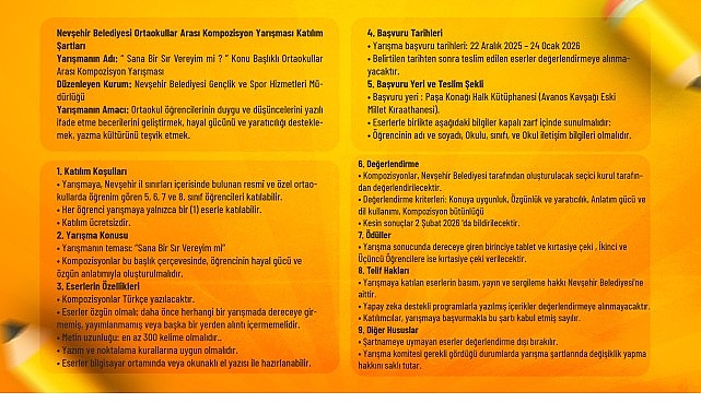 Nevşehir’de Ortaokullara Yönelik Sır Veriyorum Kompozisyon Yarışması Duyurusu