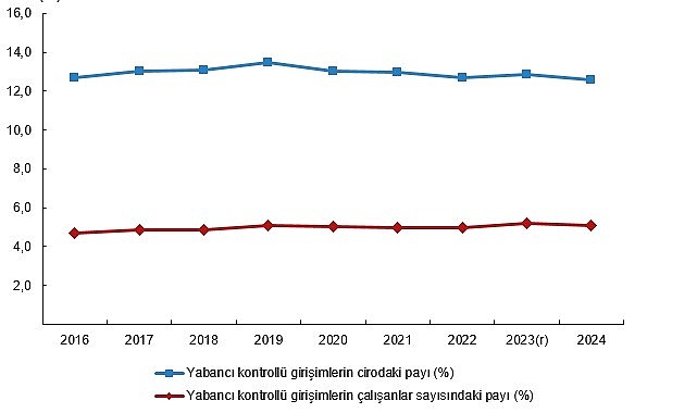 Yabancı Kontrollü Girişimlerin Ciro ve Çalışan Payları 2016-2024 Gözünde